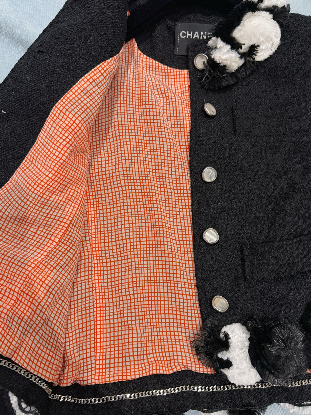 Black Textured Tweed Cropped Jacket | Black & White Pom Pom Fringe Trim Outerwear