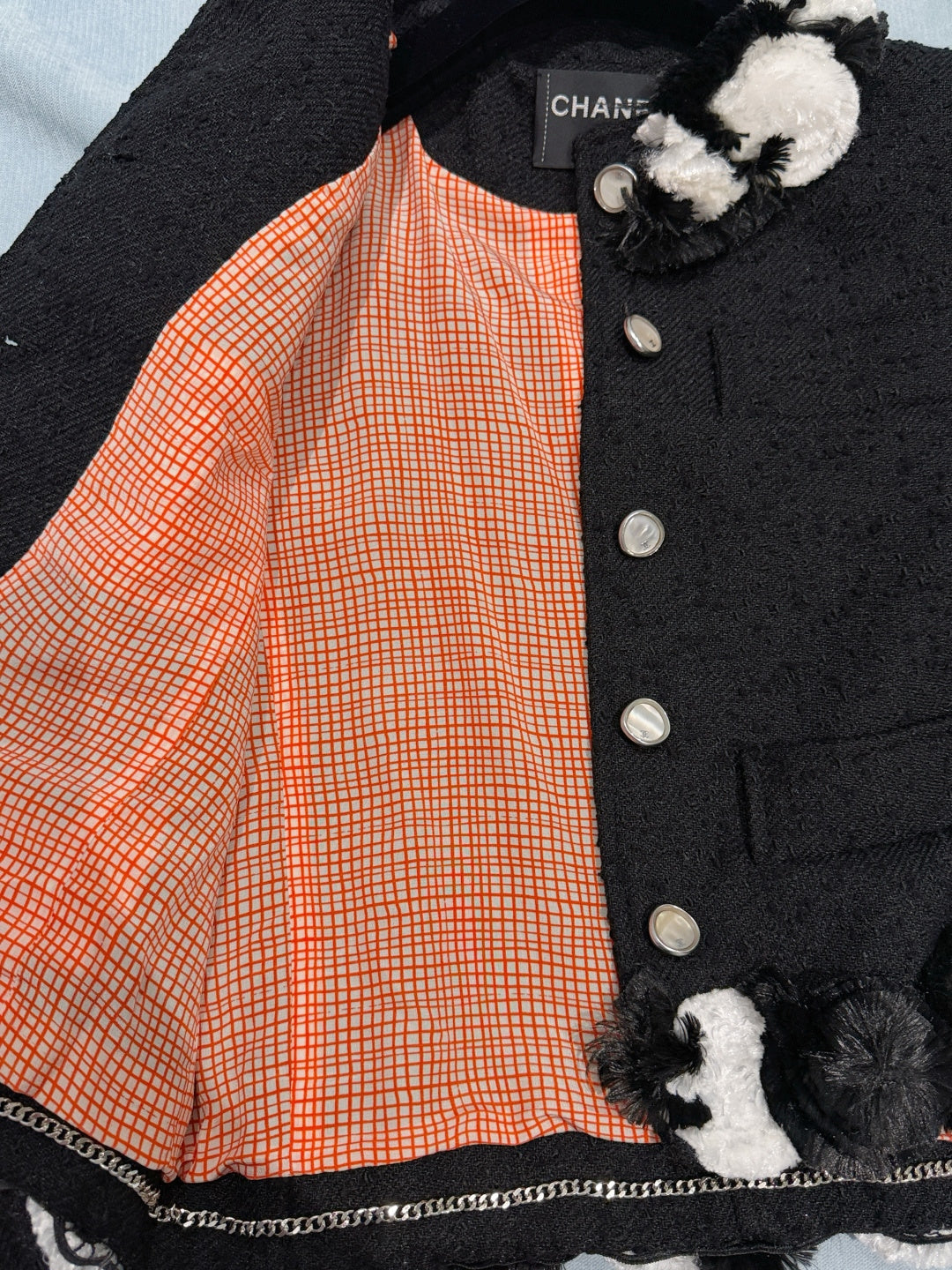 Black Textured Tweed Cropped Jacket | Black & White Pom Pom Fringe Trim Outerwear