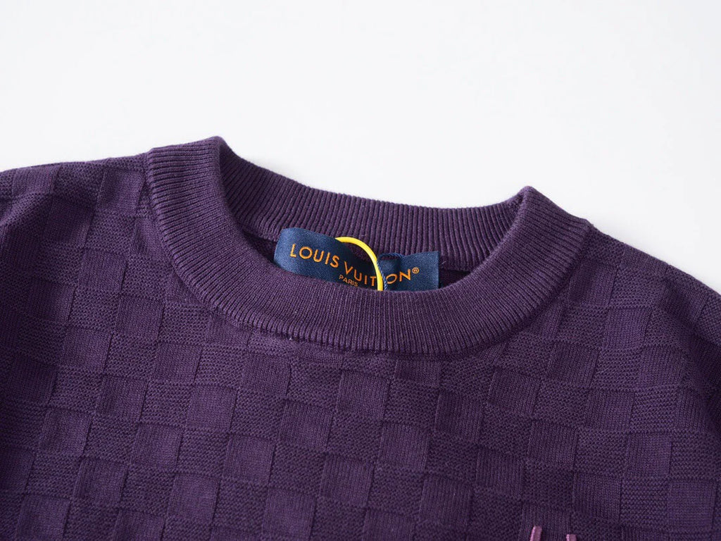 Letter Embroidered Check Jacquard T-Shirt