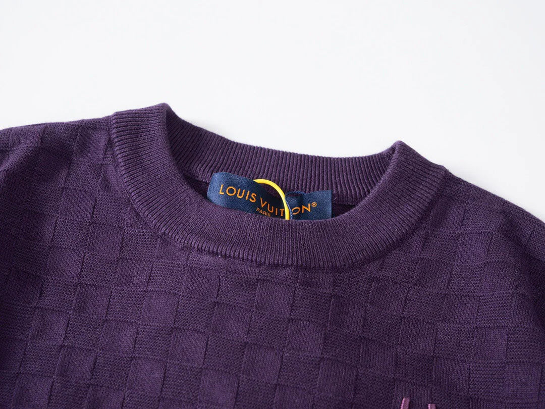 Letter Embroidered Check Jacquard T-Shirt