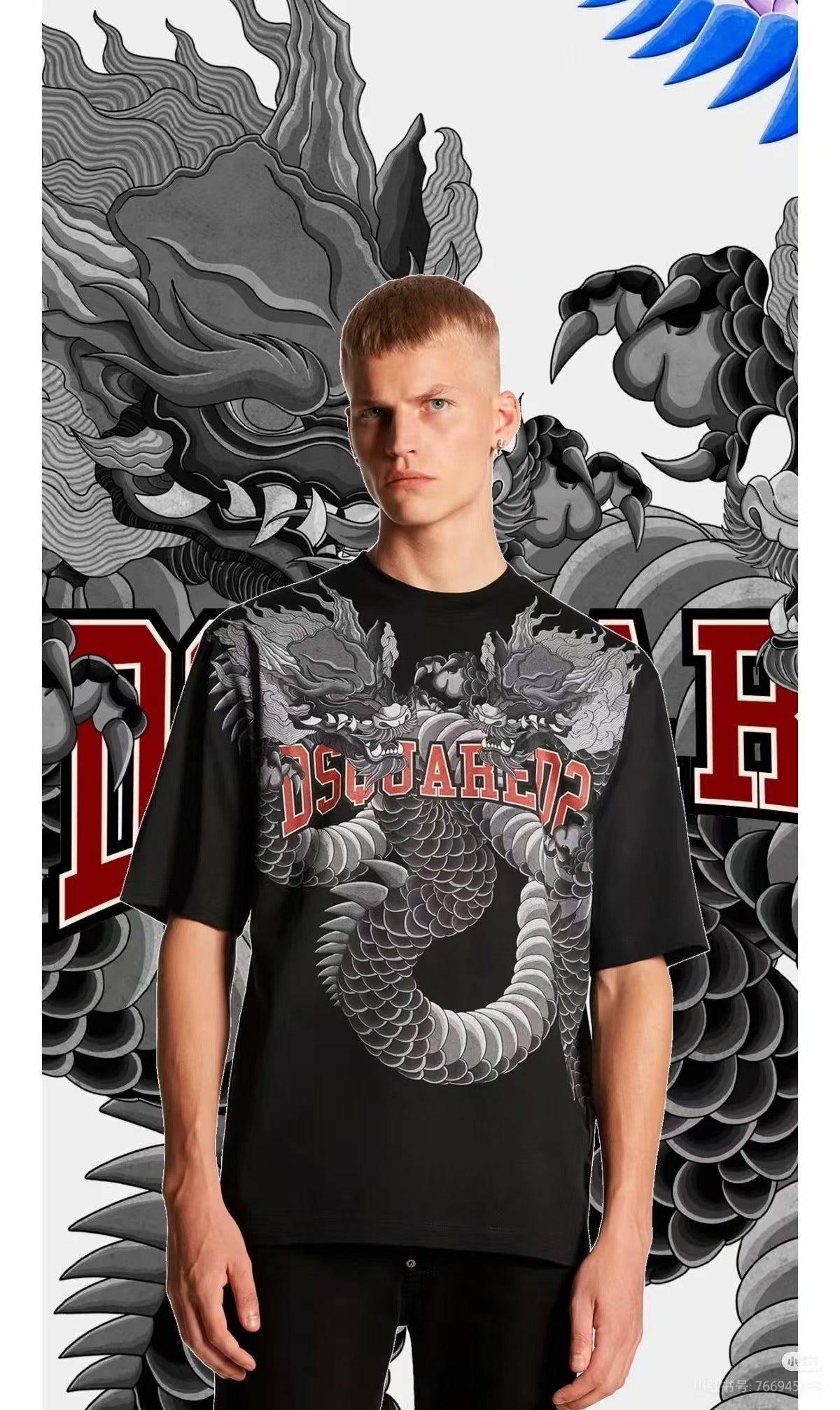 Letter dragon print round neck short sleeved shirt