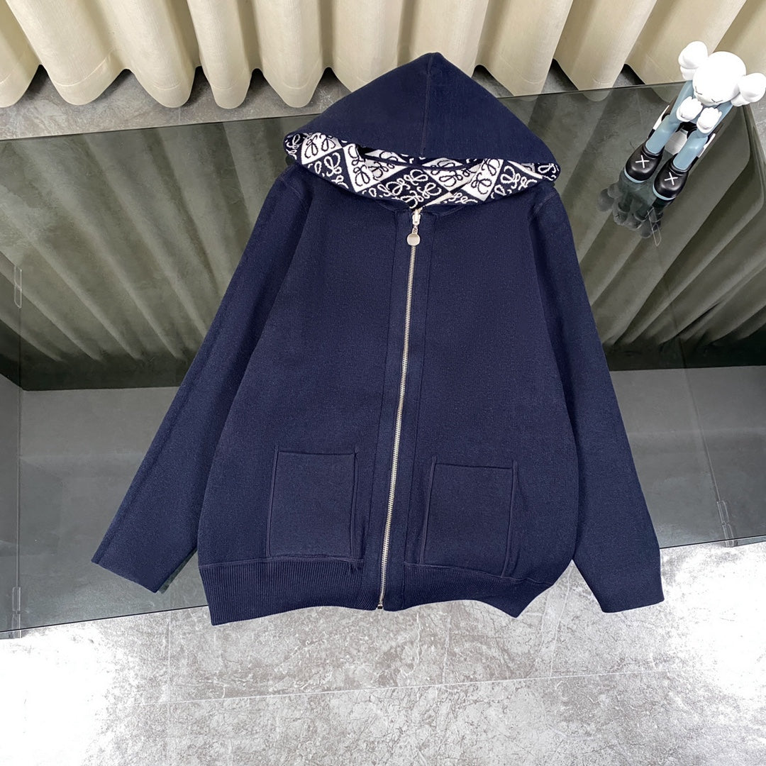 Full printed jacquard double-sided hooded zipper jacket sweater
