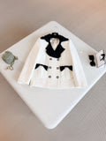 Elegant White Double-Breasted Wool Coat | Black Bow Detail Tweed Jacket