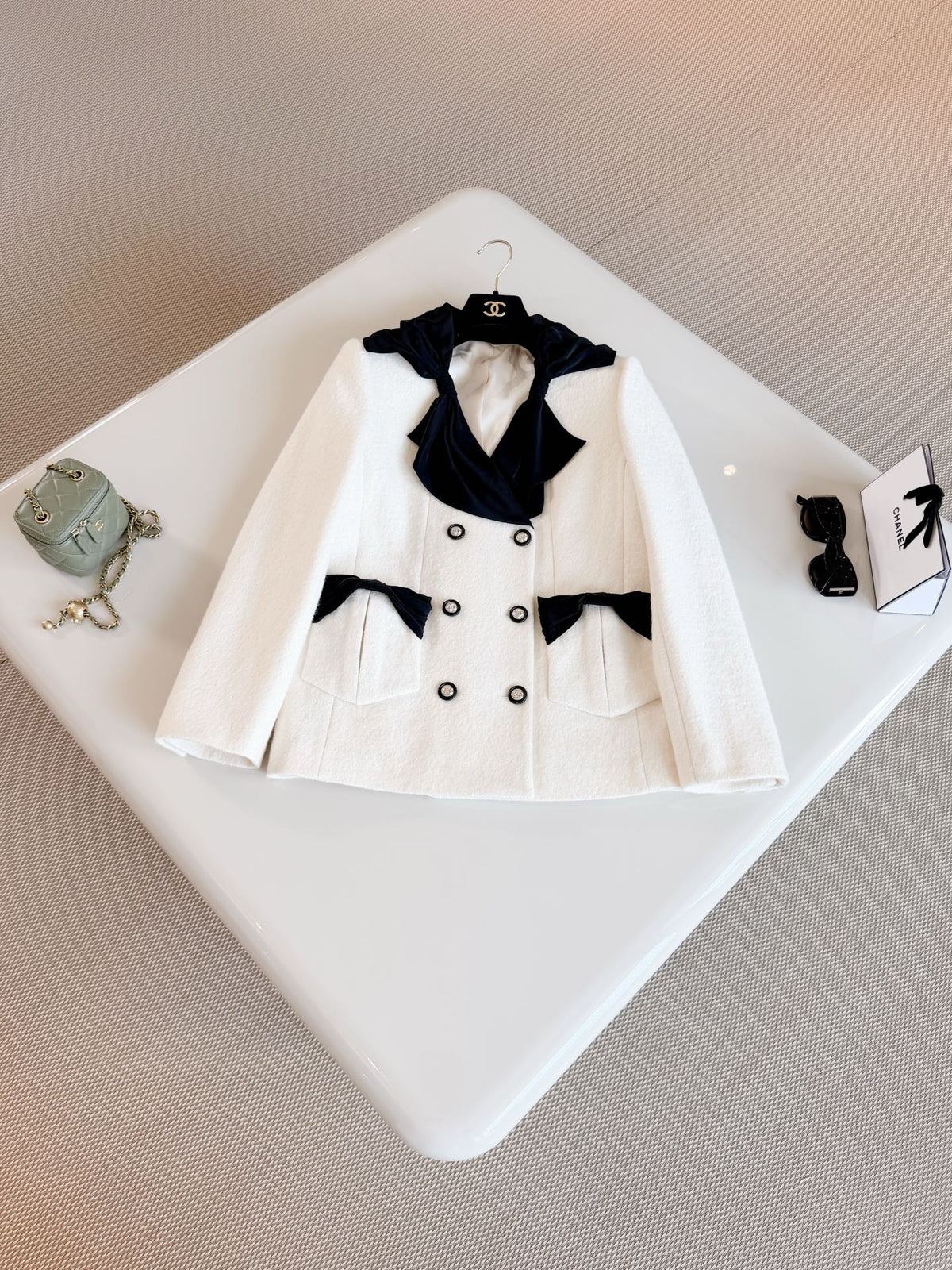 Elegant White Double-Breasted Wool Coat | Black Bow Detail Tweed Jacket