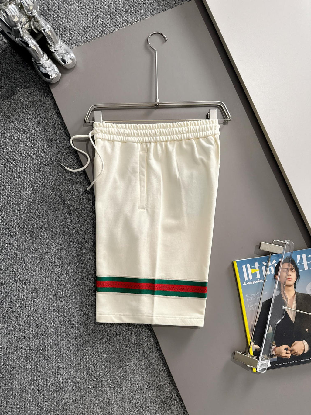 Classic woven ribbon splicing leather casual shorts