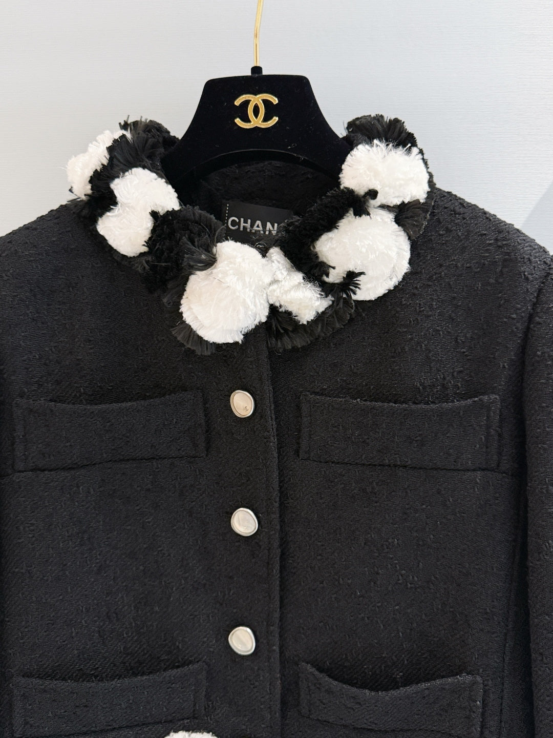 Black Textured Tweed Cropped Jacket | Black & White Pom Pom Fringe Trim Outerwear