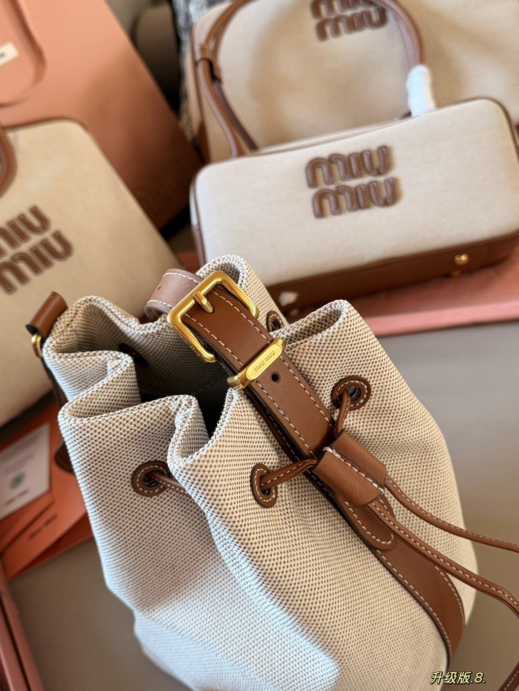 Drawstring canvas small bucket bag