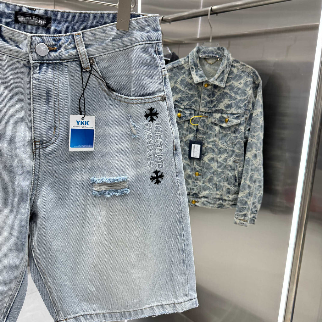 Spliced cross denim shorts