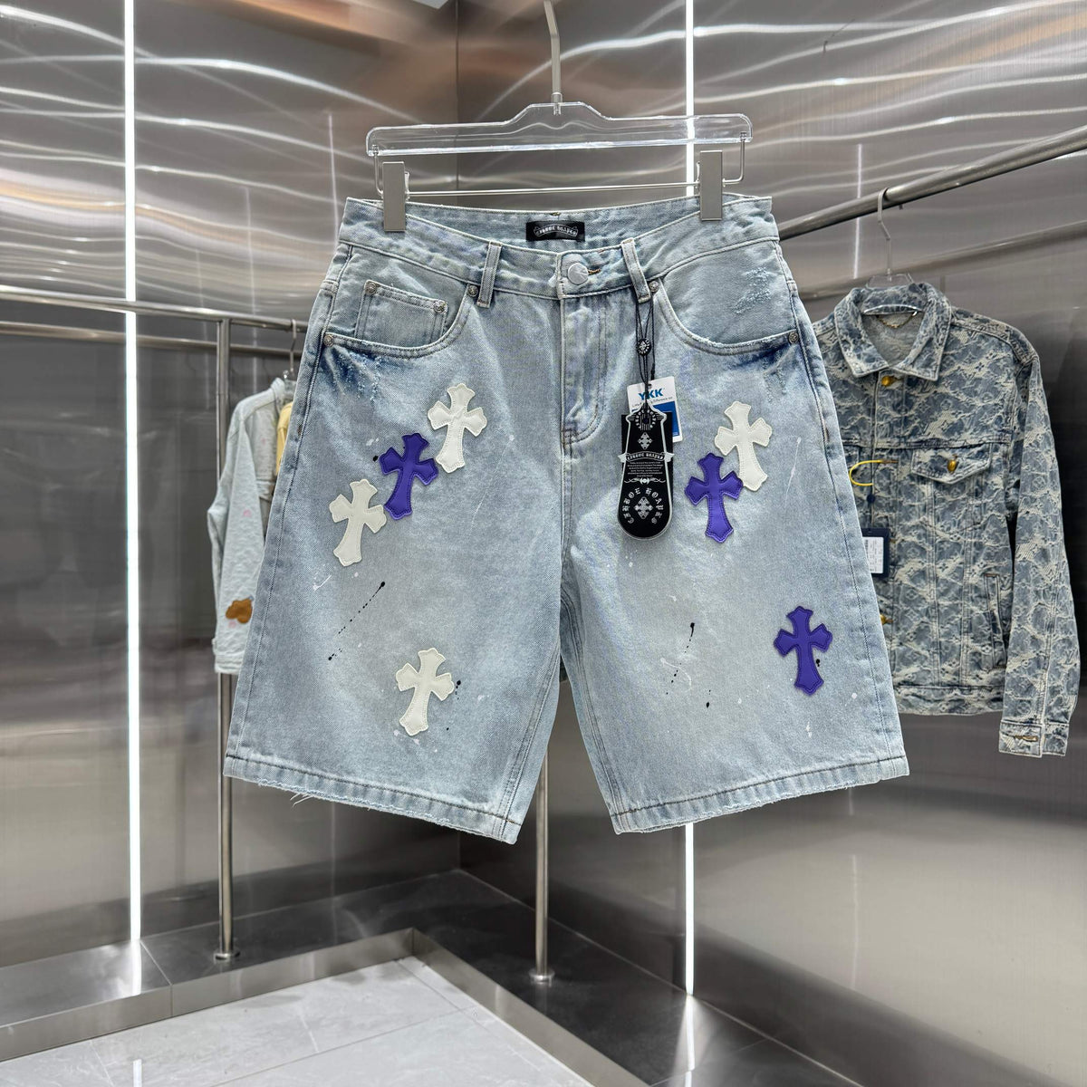 New split leather cross denim shorts