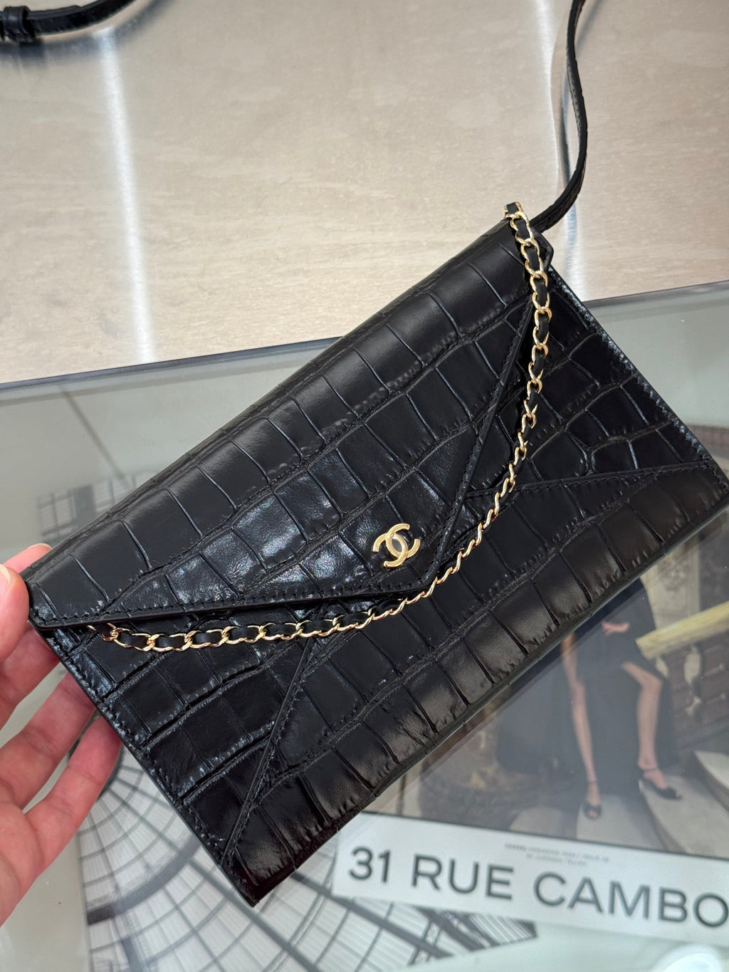 2026 Clutch With Strap 21.5cm Crocodile-embossed Calfskin