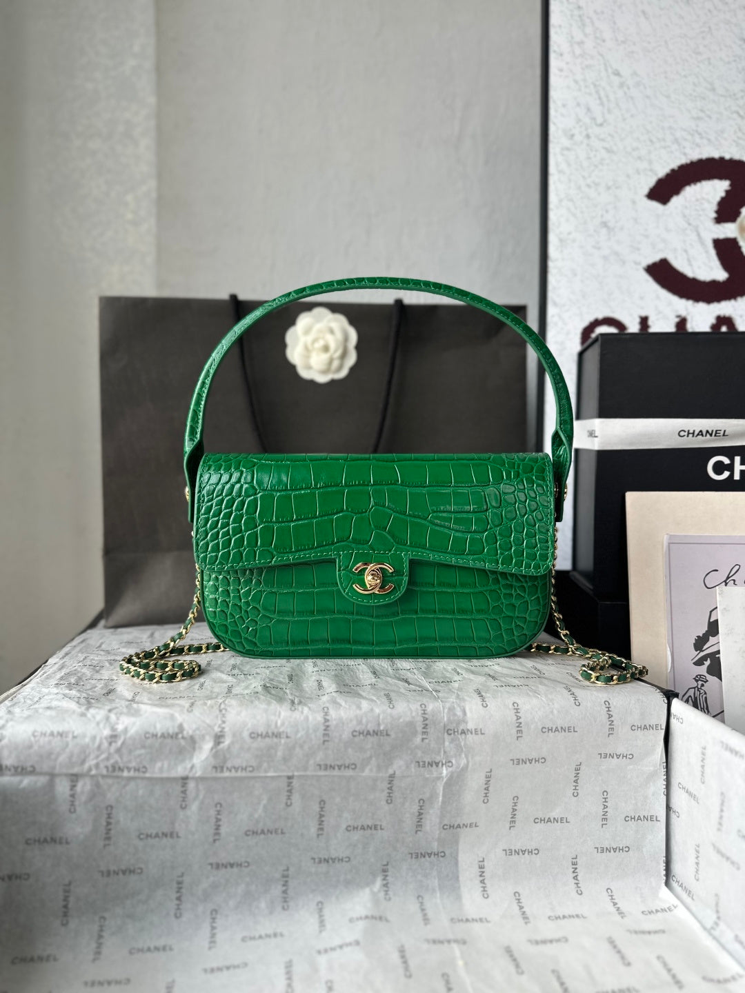 2026 Crocodile Embossed Flap Bag 26cm Calfskin