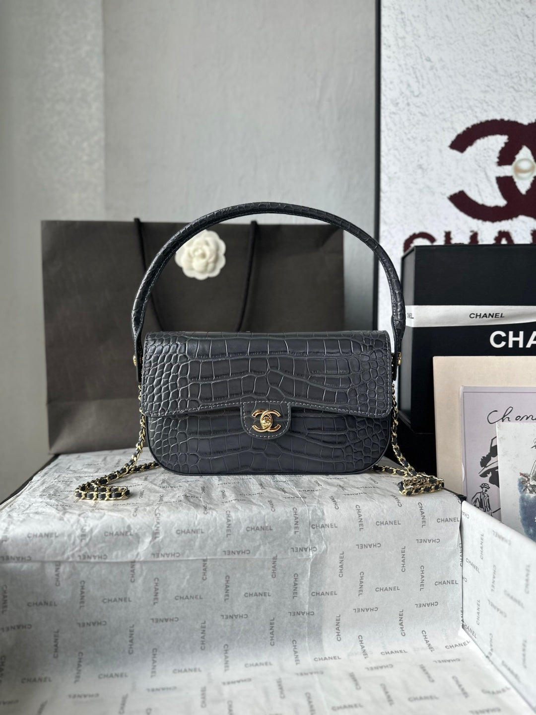 2026 Crocodile Embossed Flap Bag 26cm Calfskin