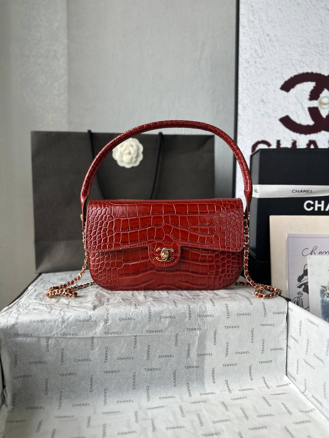 2026 Crocodile Embossed Flap Bag 26cm Calfskin