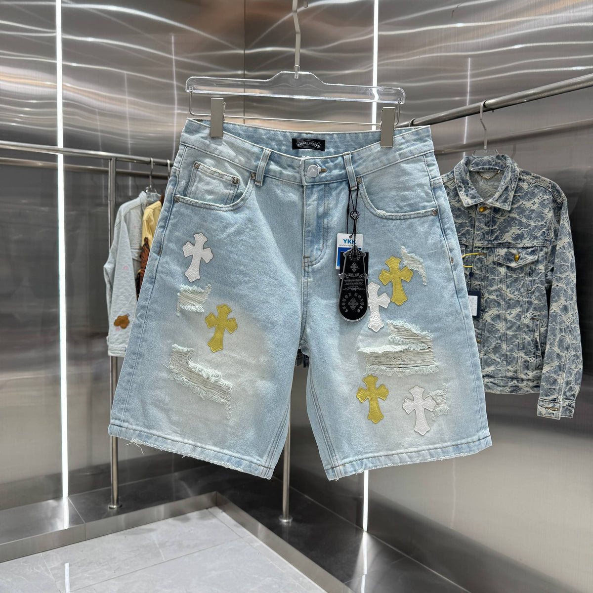 Spring and summer new cross denim shorts made of split leather