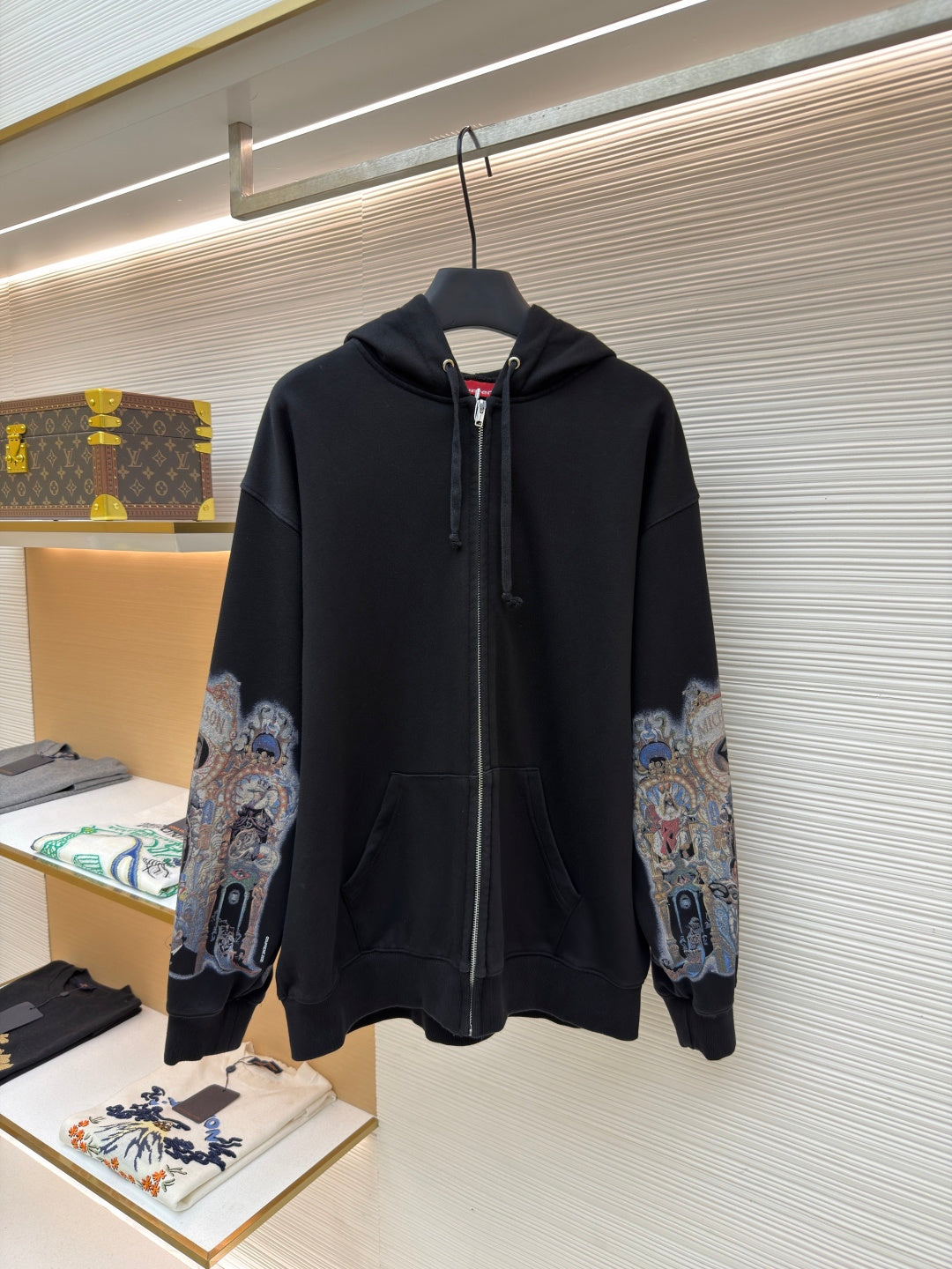 Sleeve eye print pattern hooded zipper sweatshirt