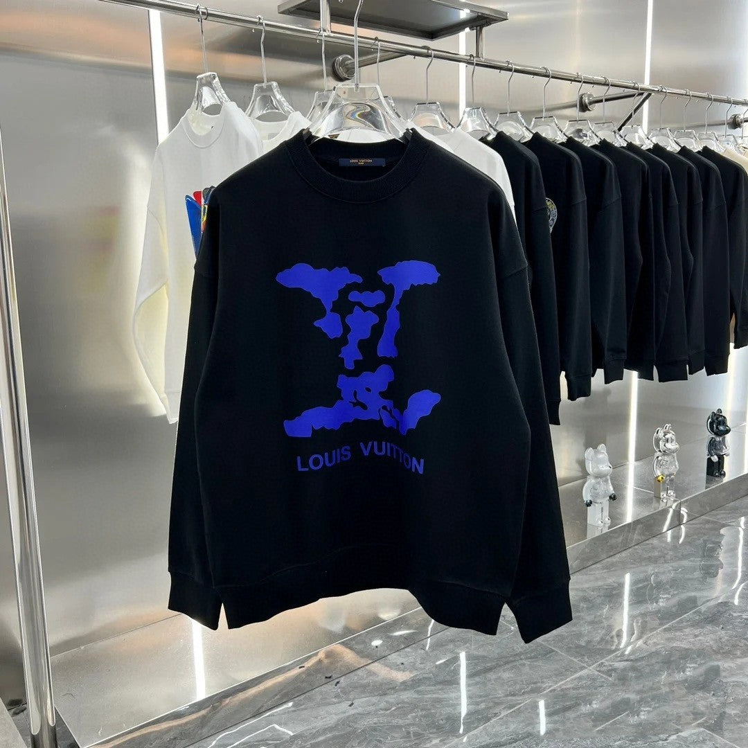 Spring and Autumn New Collection Chest Large Logo Blue Letter Printed Round Neck Hoodie