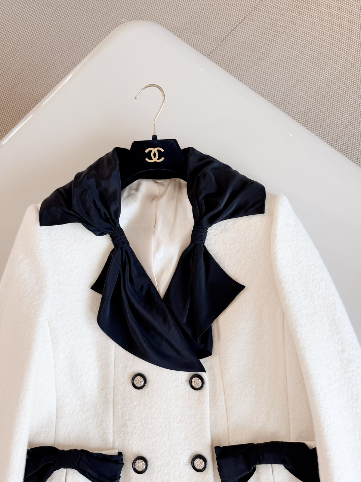 Elegant White Double-Breasted Wool Coat | Black Bow Detail Tweed Jacket