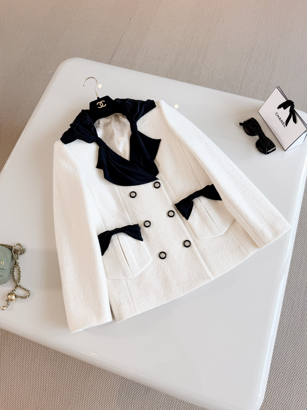 Elegant White Double-Breasted Wool Coat | Black Bow Detail Tweed Jacket