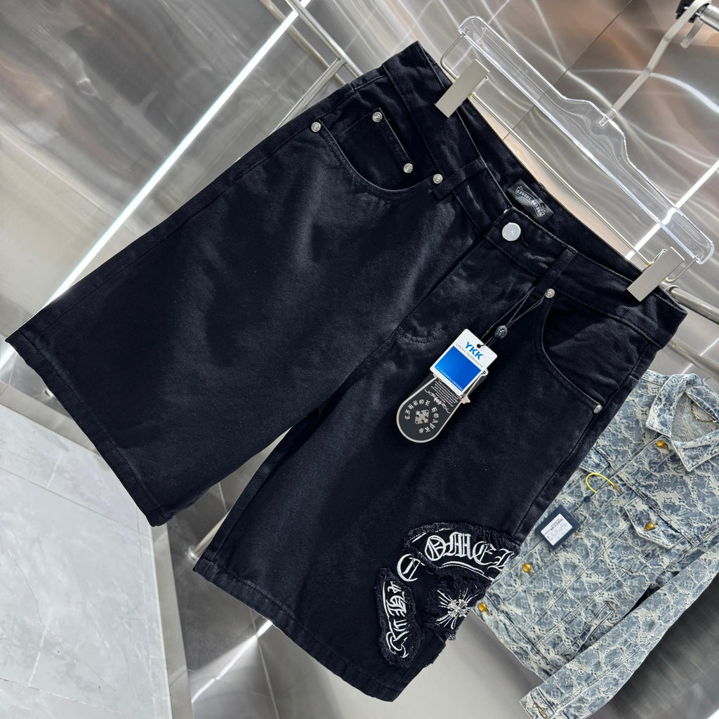 Embroidered cross denim shorts with torn holes