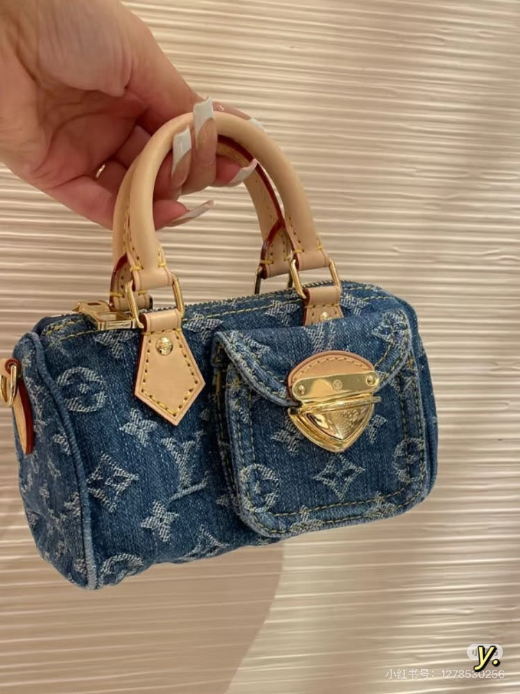 Blue denim pocket pillow bag