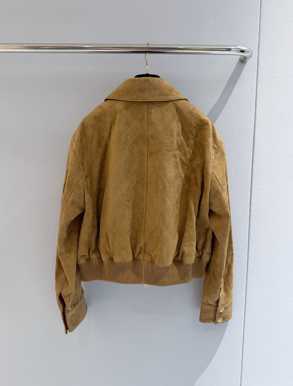 Khaki Suede Cropped Jacket with Lapel | Diamond-Quilted Zip-Up Jacket