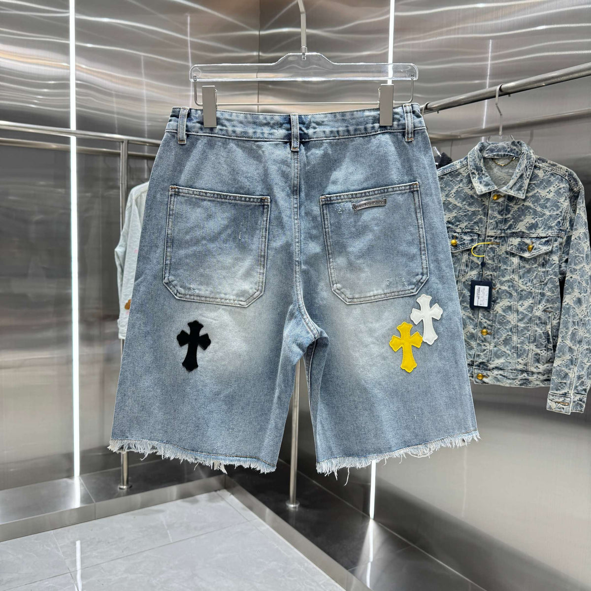 Spring and summer new cross denim shorts made of split leather