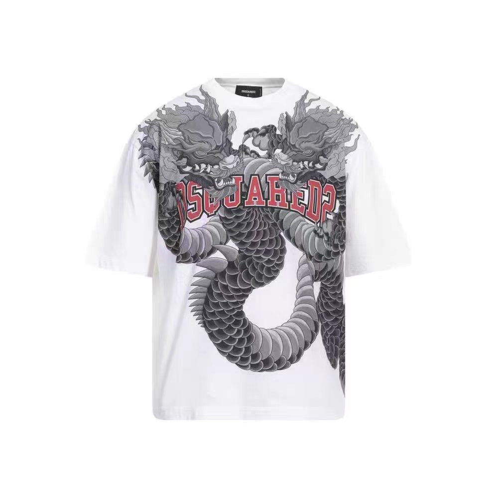 Letter dragon print round neck short sleeved shirt