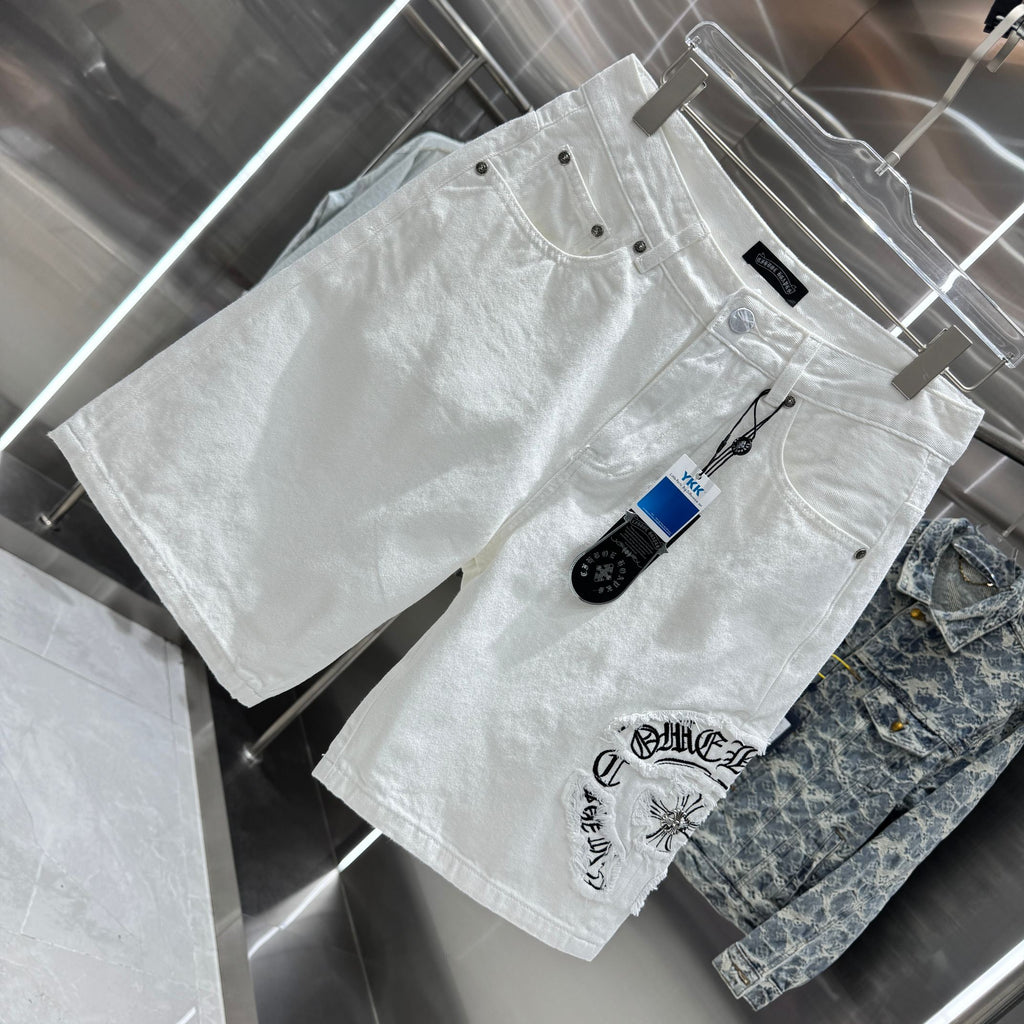 Embroidered cross denim shorts with torn holes