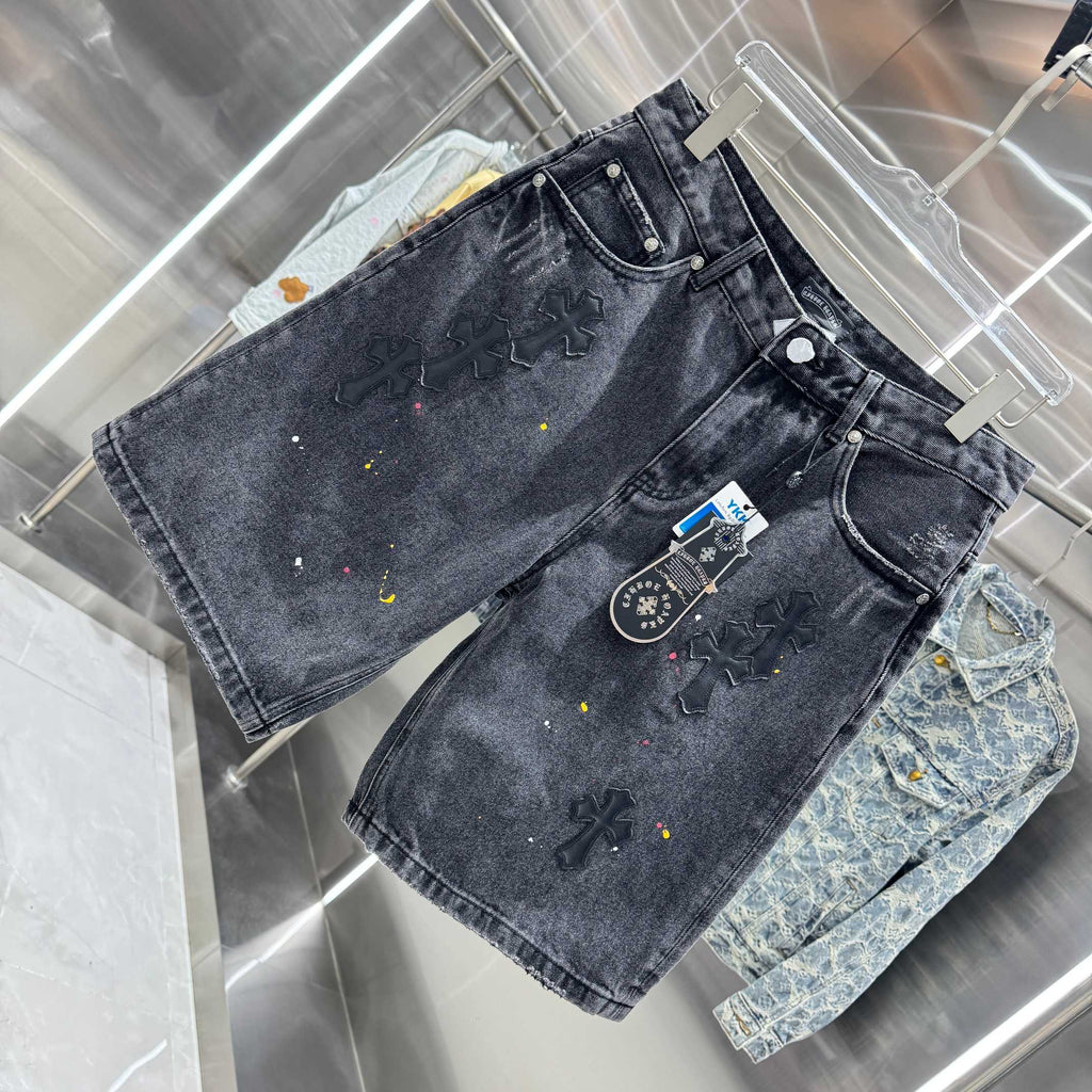 New split leather cross denim shorts