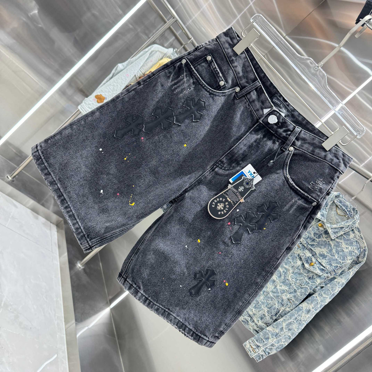 New split leather cross denim shorts