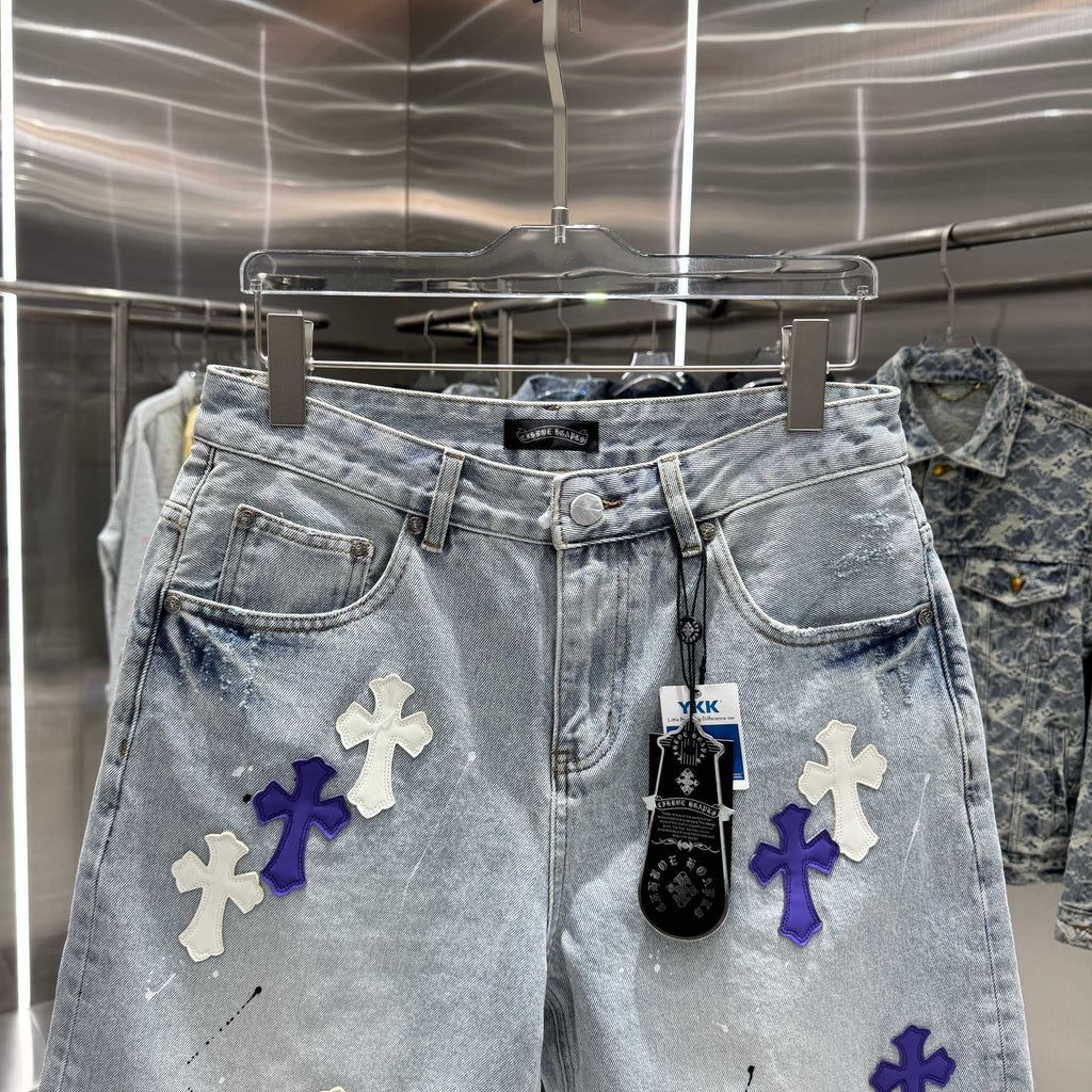 New split leather cross denim shorts