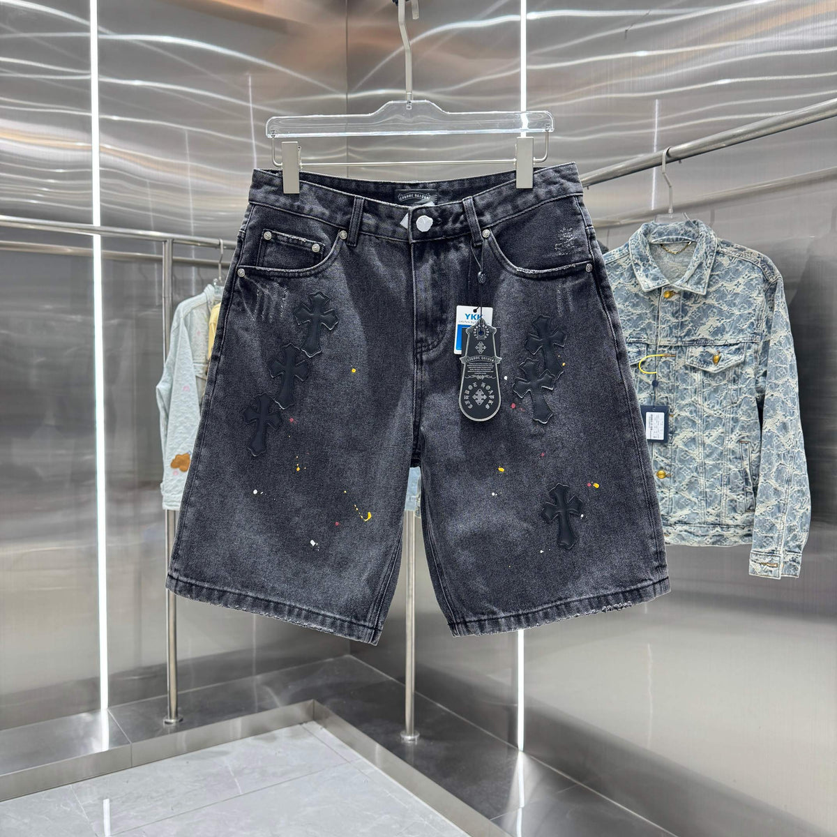 New split leather cross denim shorts