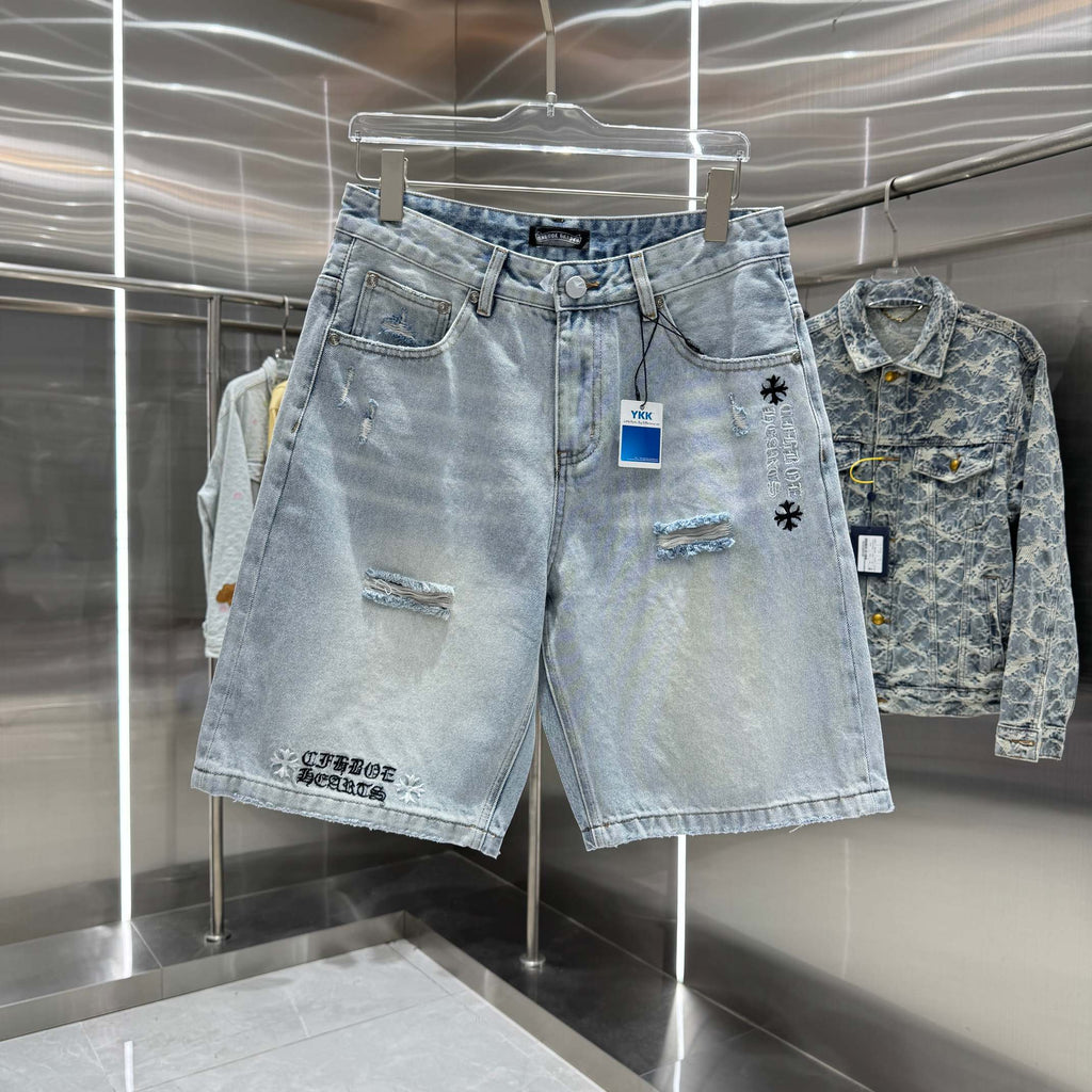 Spliced cross denim shorts