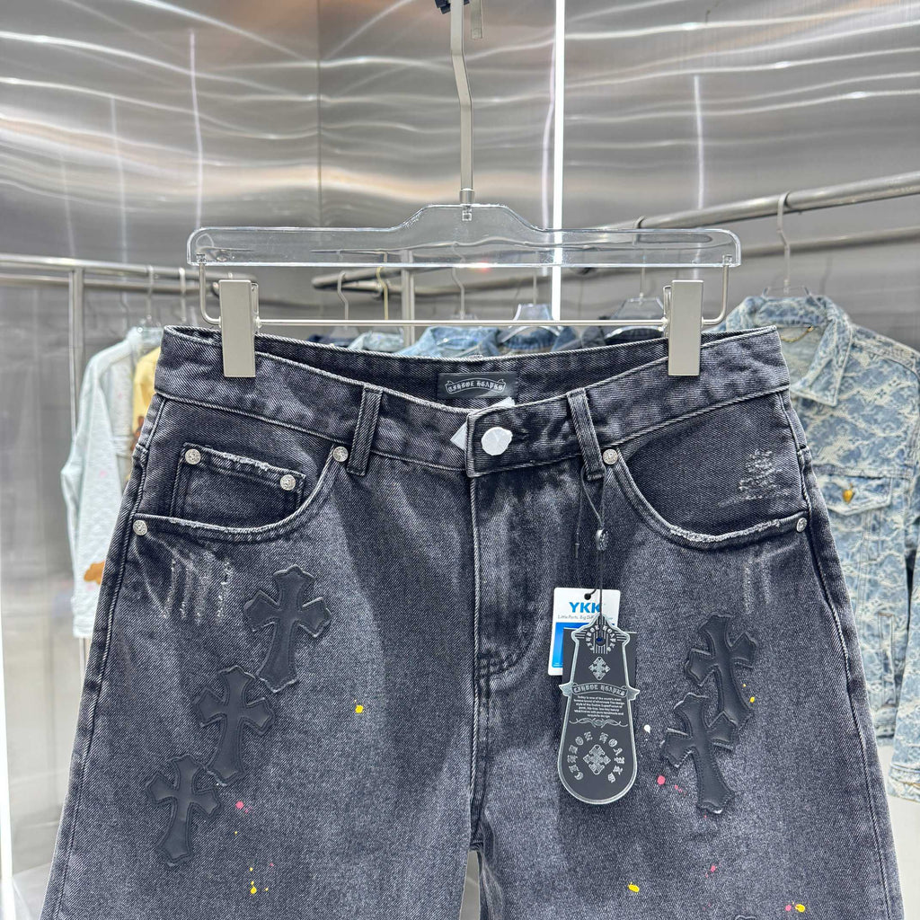 New split leather cross denim shorts