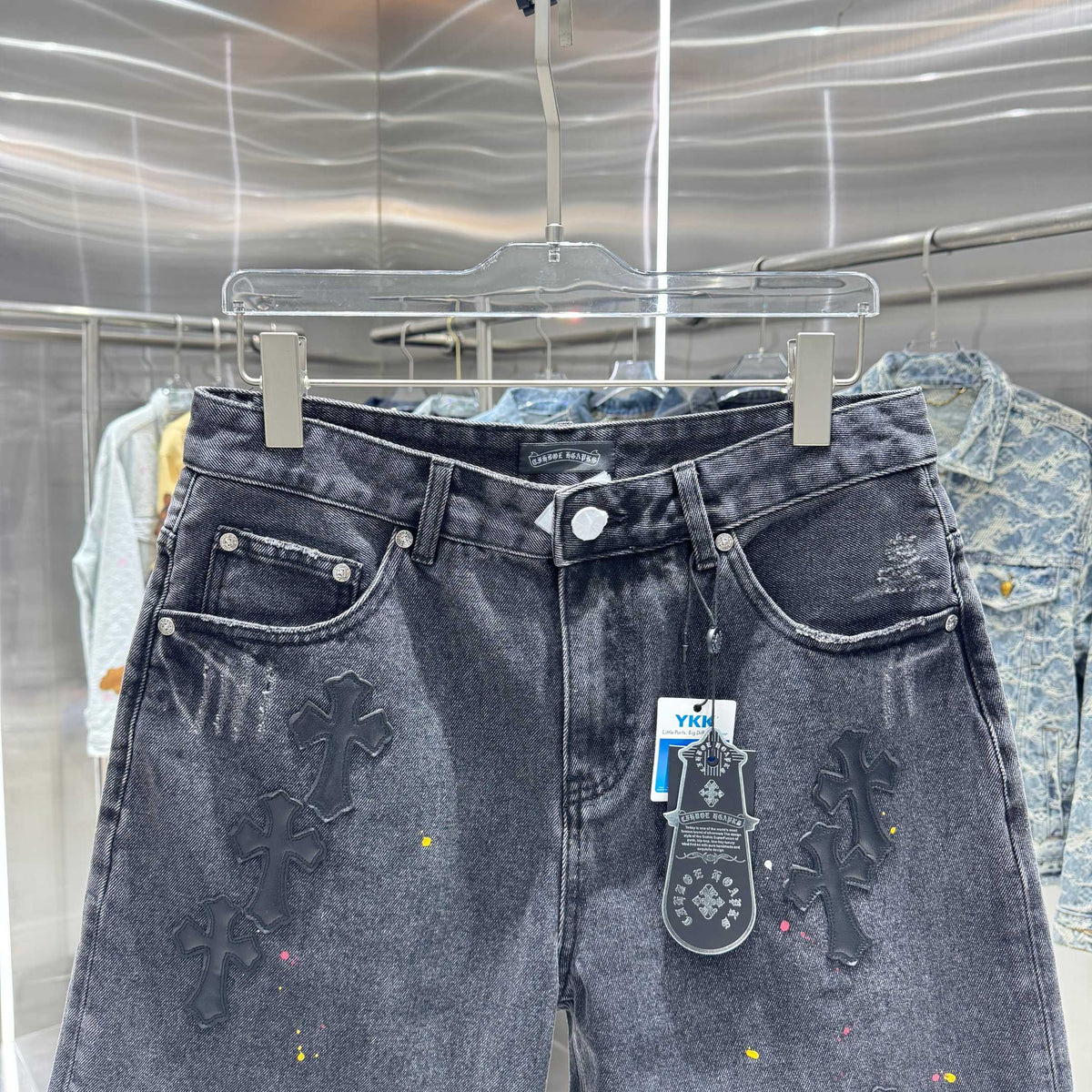 New split leather cross denim shorts