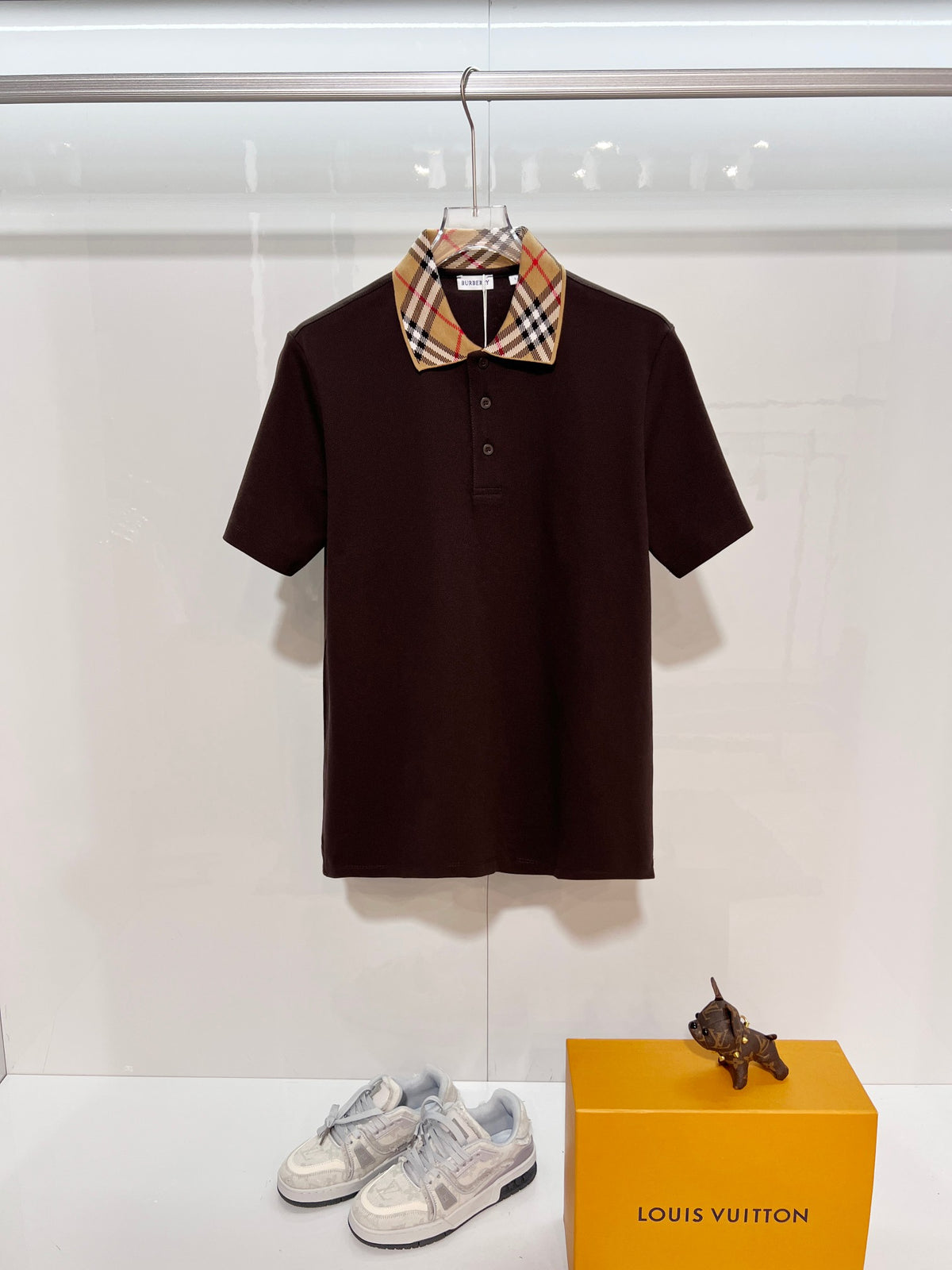 Color blocked flat collar classic plaid collar letter polo shirt