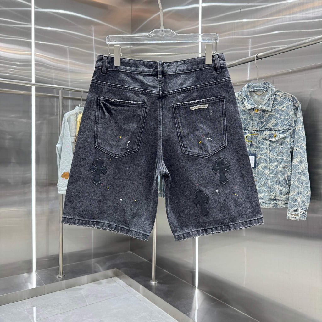 New split leather cross denim shorts