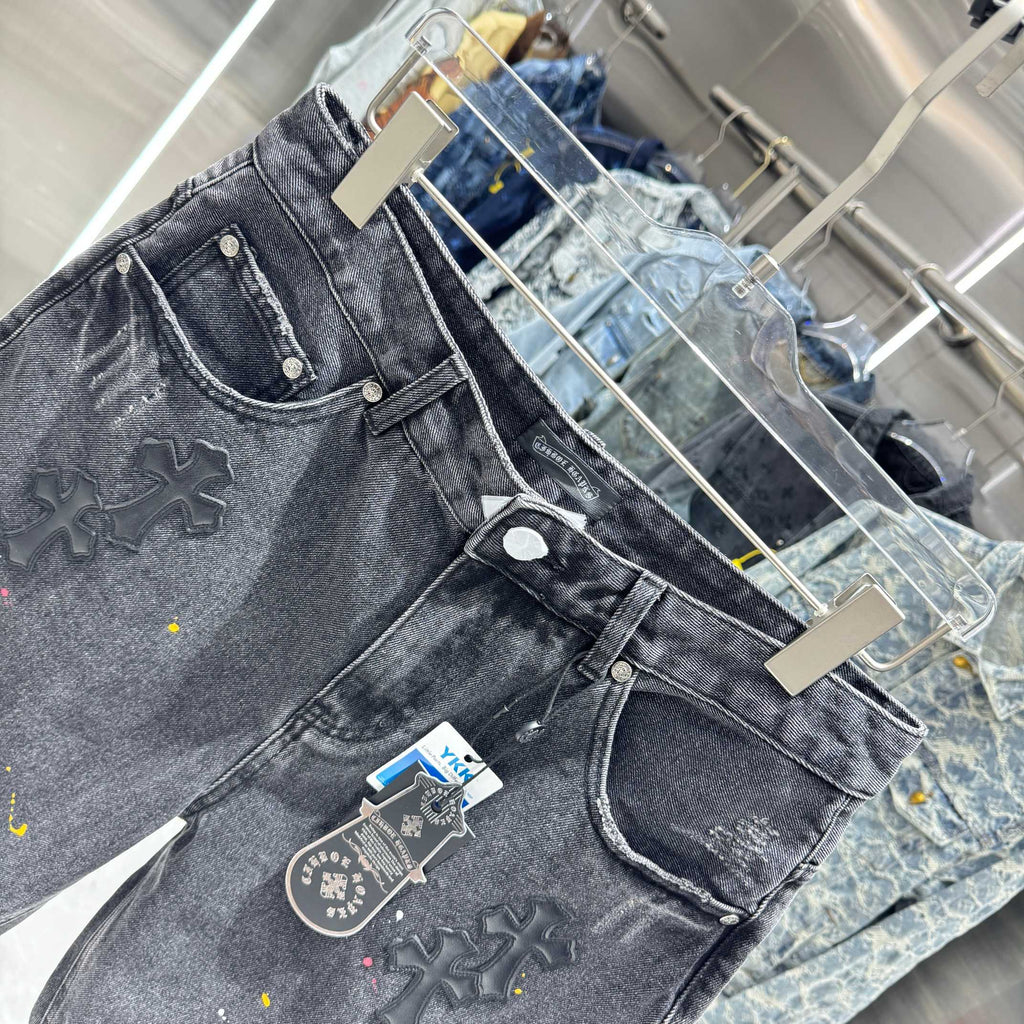 New split leather cross denim shorts