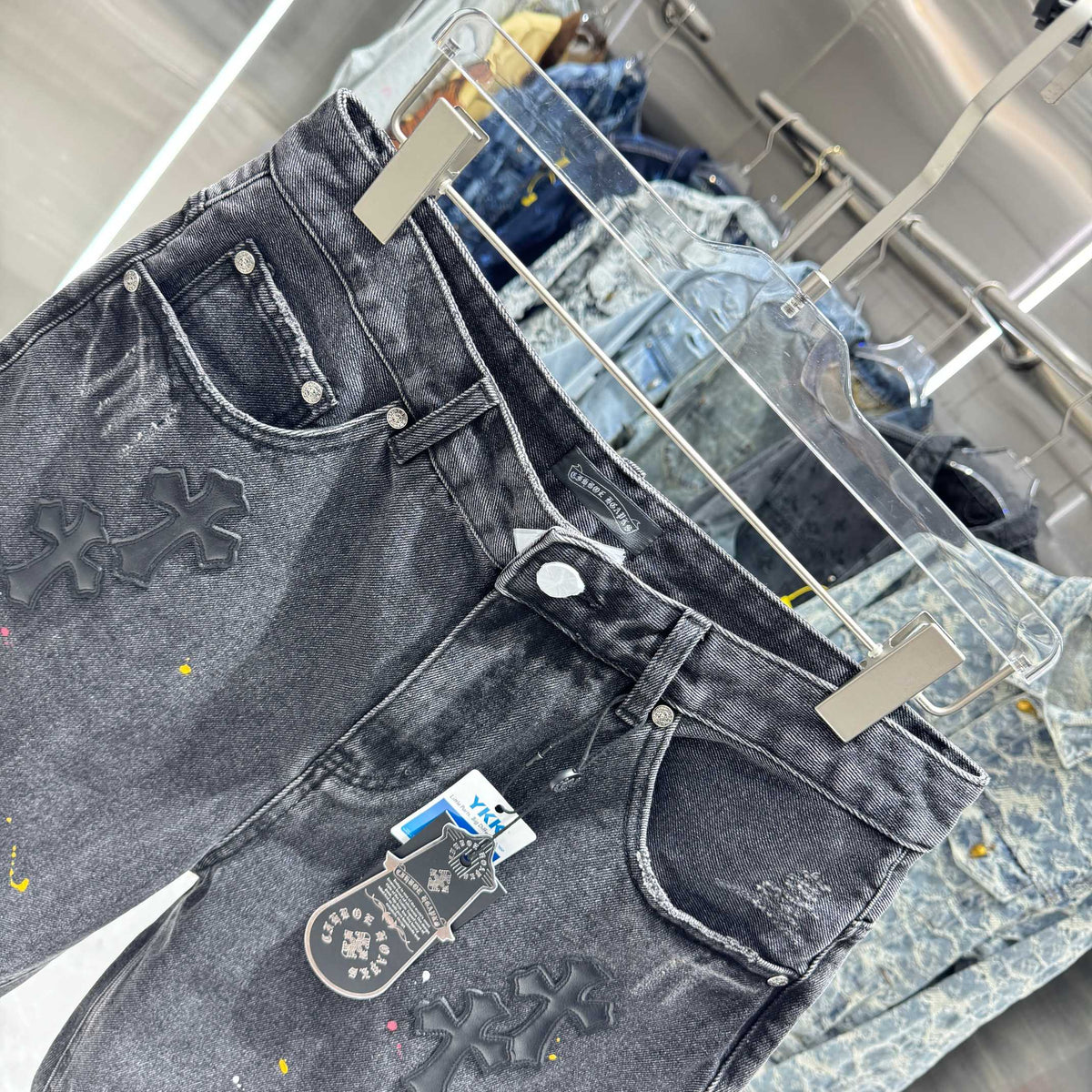 New split leather cross denim shorts