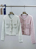 Tweed Beaded Coat Pink White Cotton Acrylic 251307