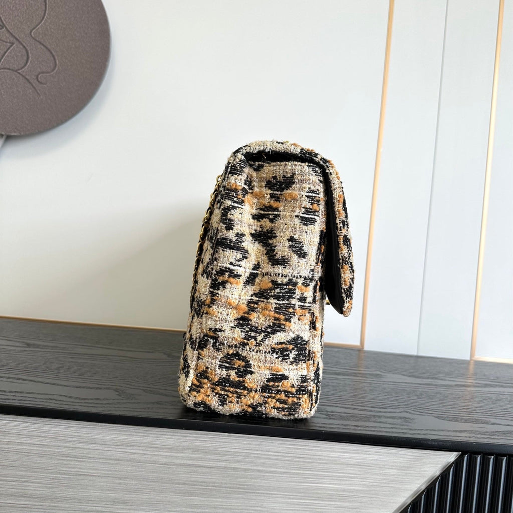 2026 Leopard Print CF Maxi Flap Bag Tweed Leather