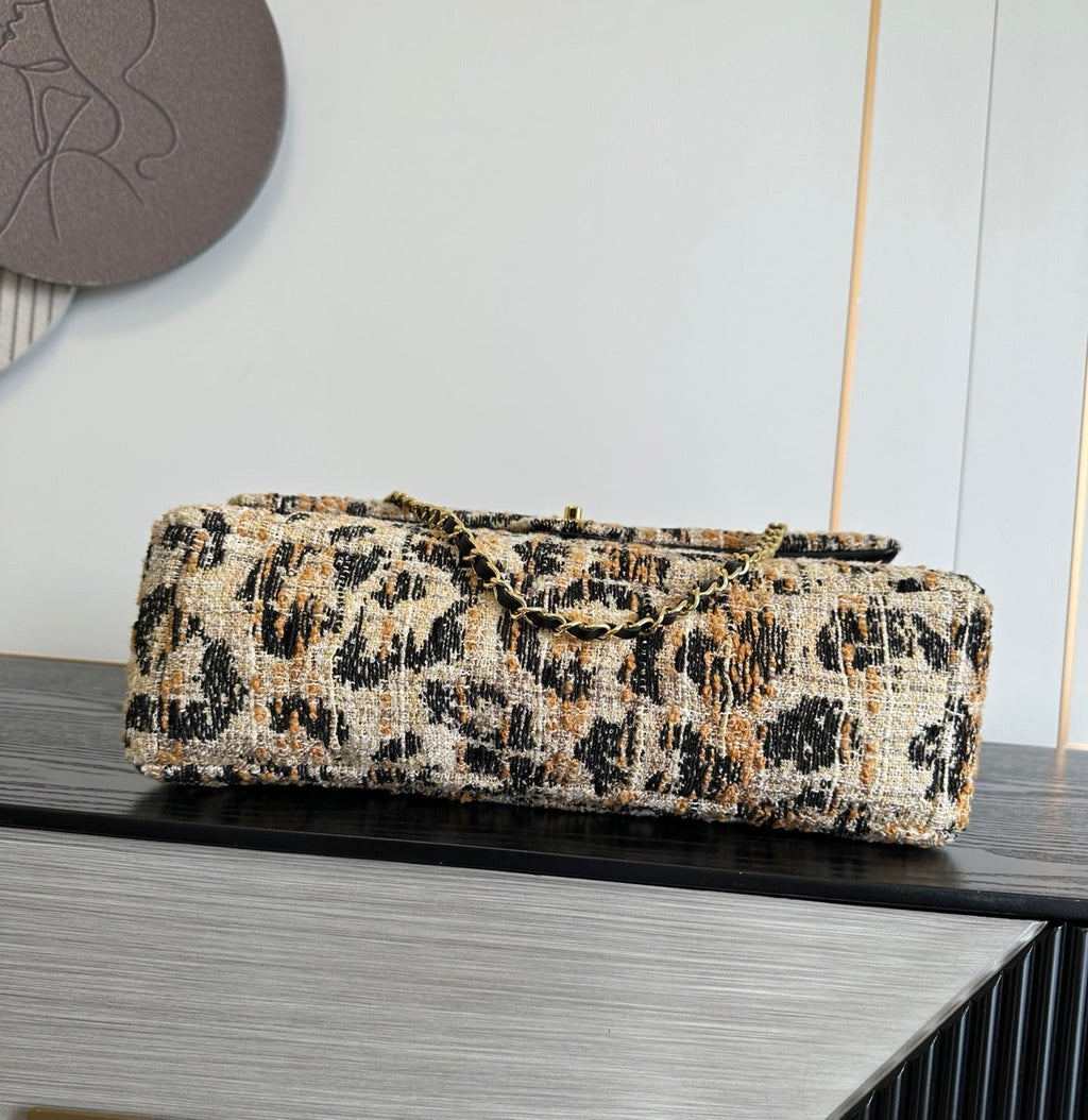 2026 Leopard Print CF Maxi Flap Bag Tweed Leather