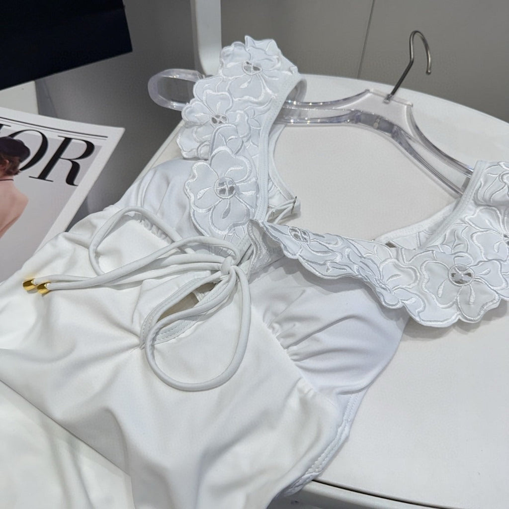25 Flower Shoulder White One-piece Swimsuit