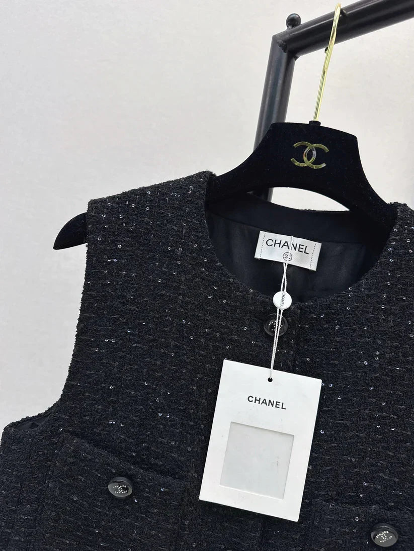 Fashion Classic Tweed Vest with Double Pockets