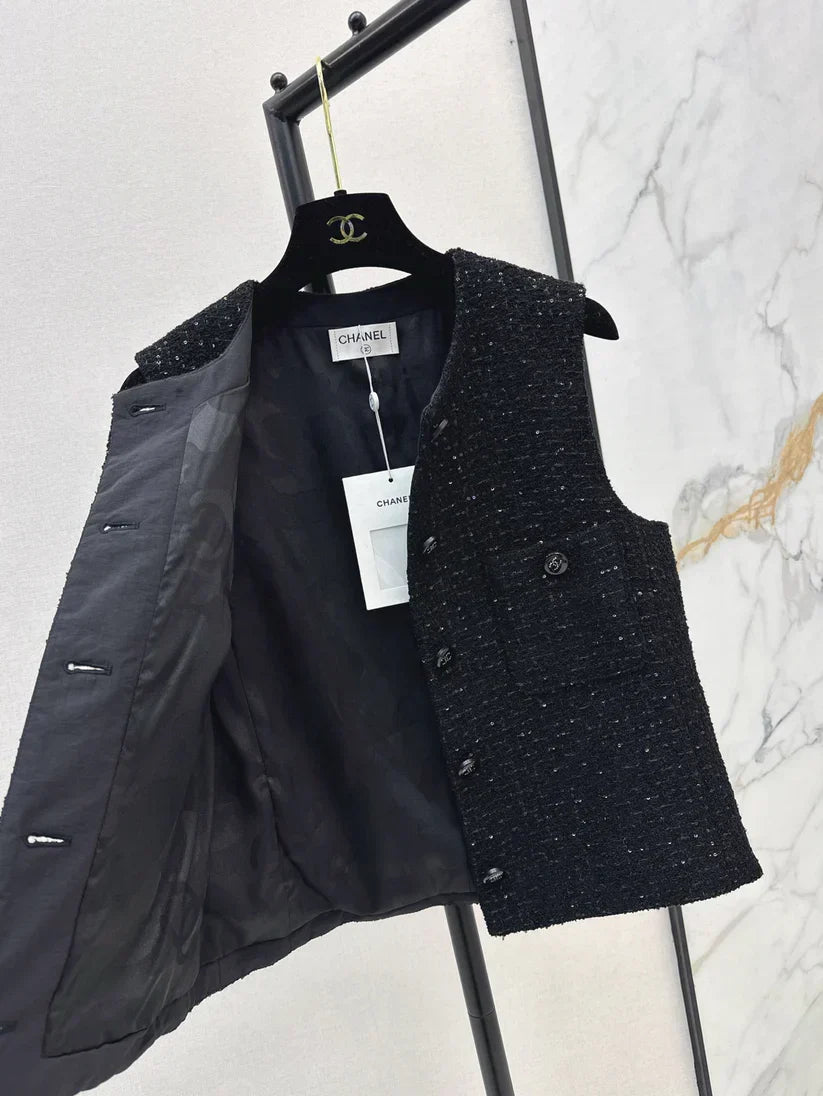 Fashion Classic Tweed Vest with Double Pockets