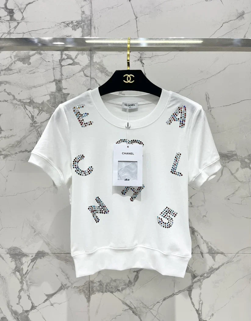 Colorful Rhinestone Letter T-Shirt