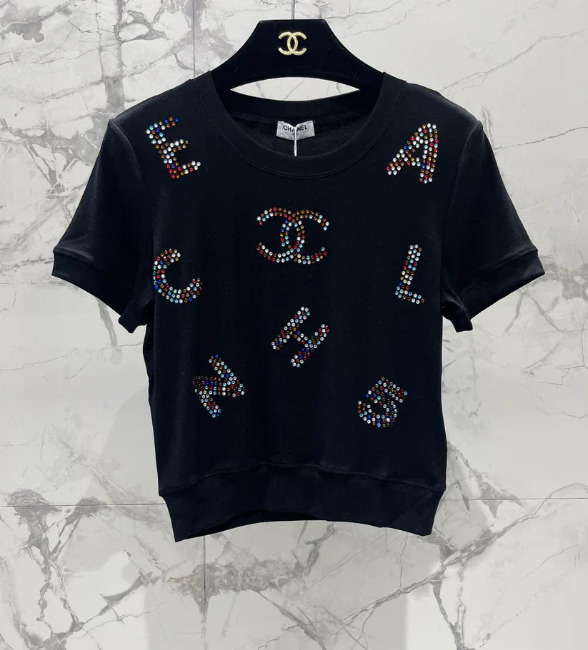 Colorful Rhinestone Letter T-Shirt