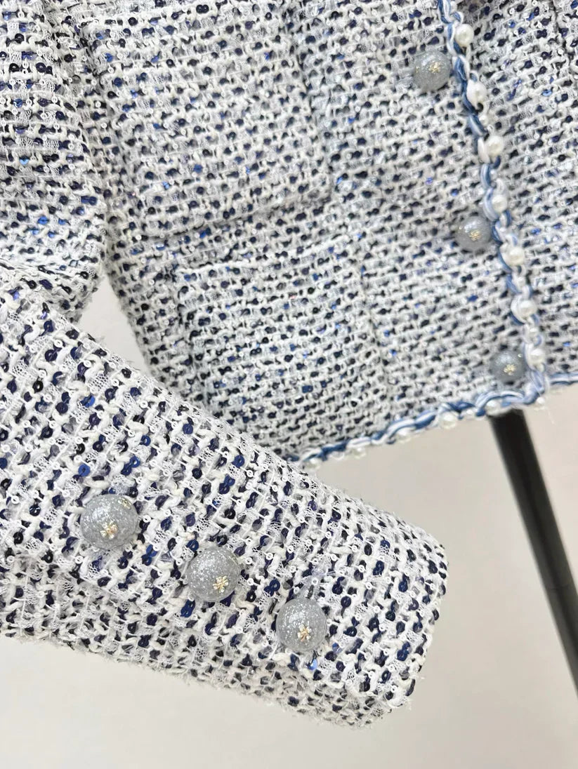 Pearl-Embellished Cropped Tweed Jacket
