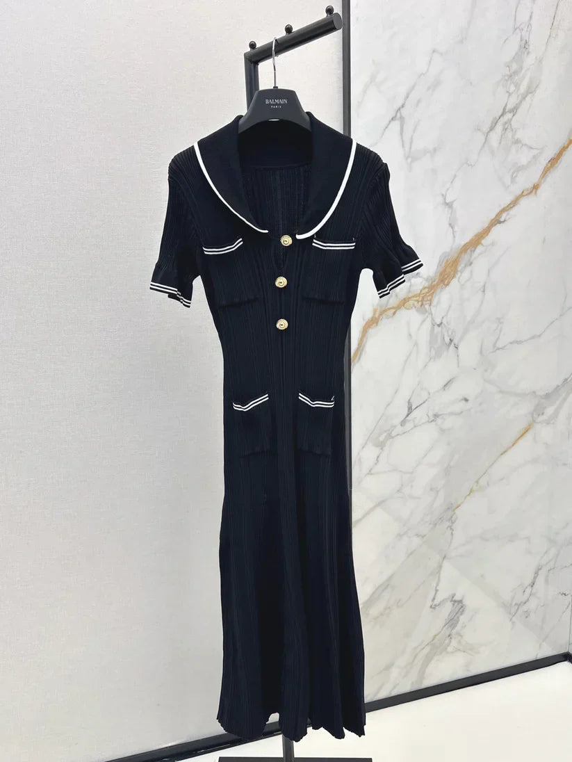 Chic Gold Button Ribbed Knit Dress