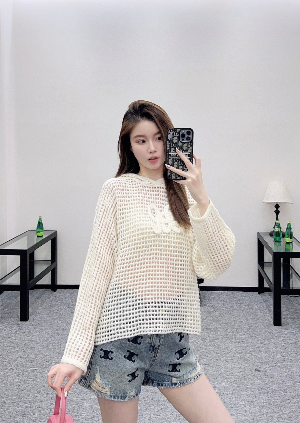 25fw Embroidered hollow hooded pullover sweater